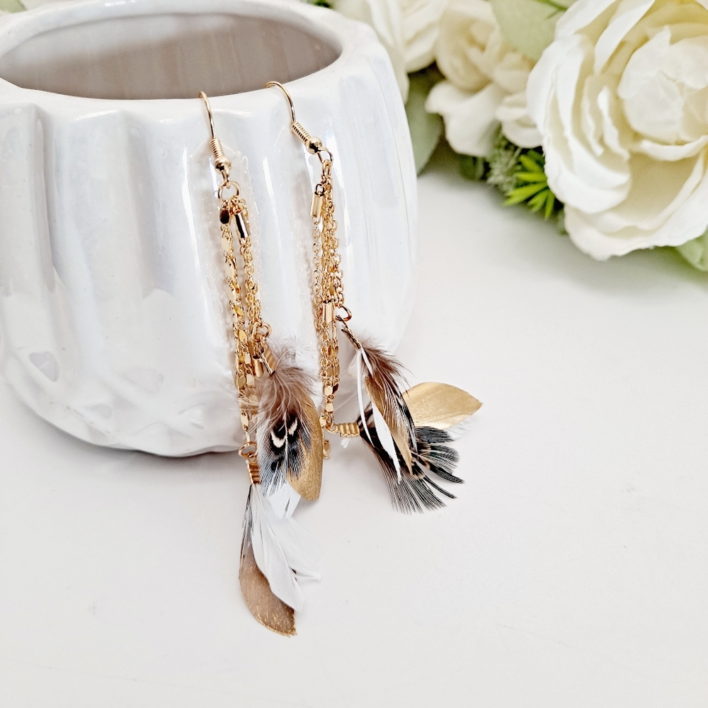 Women's long boho Gold tassel drop multicolor feather earrings 2/$30 - Picture 9 of 12
